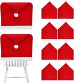 A set of 10 red Santa hat-shaped chair back covers, festive and ready for Christmas holiday party decorations.