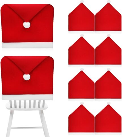 A set of 10 red Santa hat-shaped chair back covers, festive and ready for Christmas holiday party decorations.