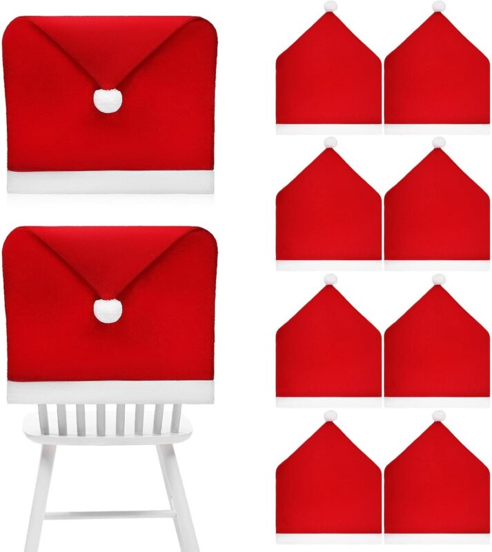A set of 10 red Santa hat-shaped chair back covers, festive and ready for Christmas holiday party decorations.