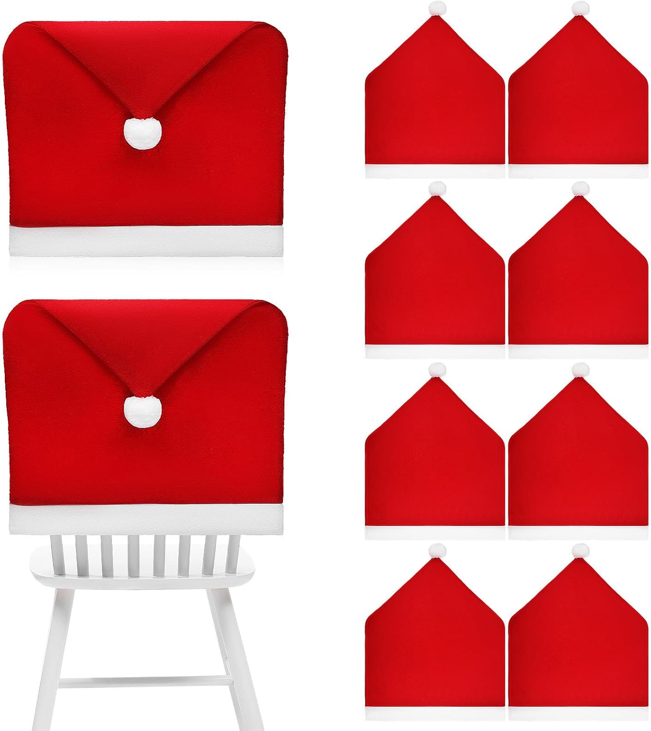 sewacc-10-pack-red-santa-hat-christmas-chair-back-covers-for-holiday-decor-01 A set of 10 red Santa hat-shaped chair back covers, festive and ready for Christmas holiday party decorations.