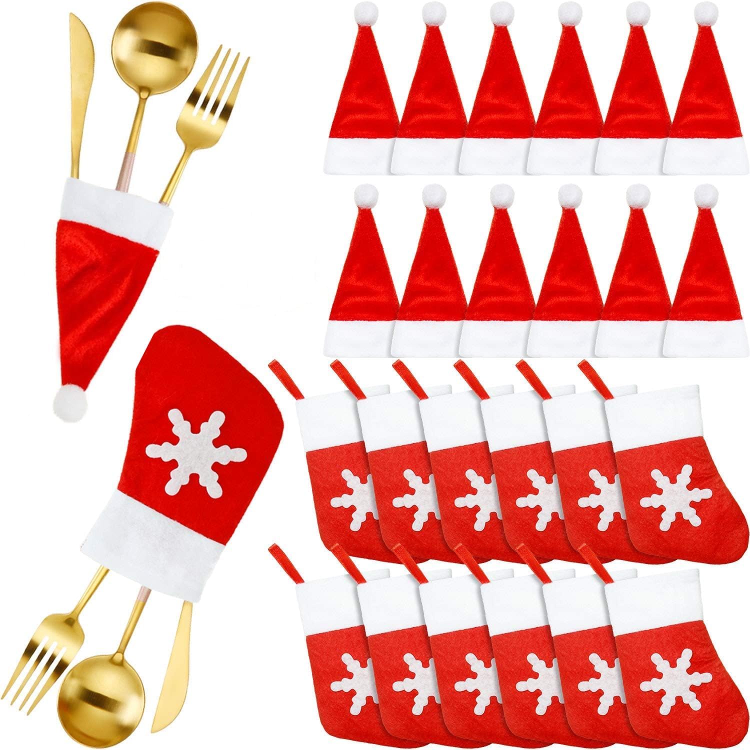 syhood-40-pack-christmas-mini-santa-hat-stocking-silverware-holders-01 Close-up of red and white non-woven Christmas mini Santa hats and stocking silverware holders on a holiday table.