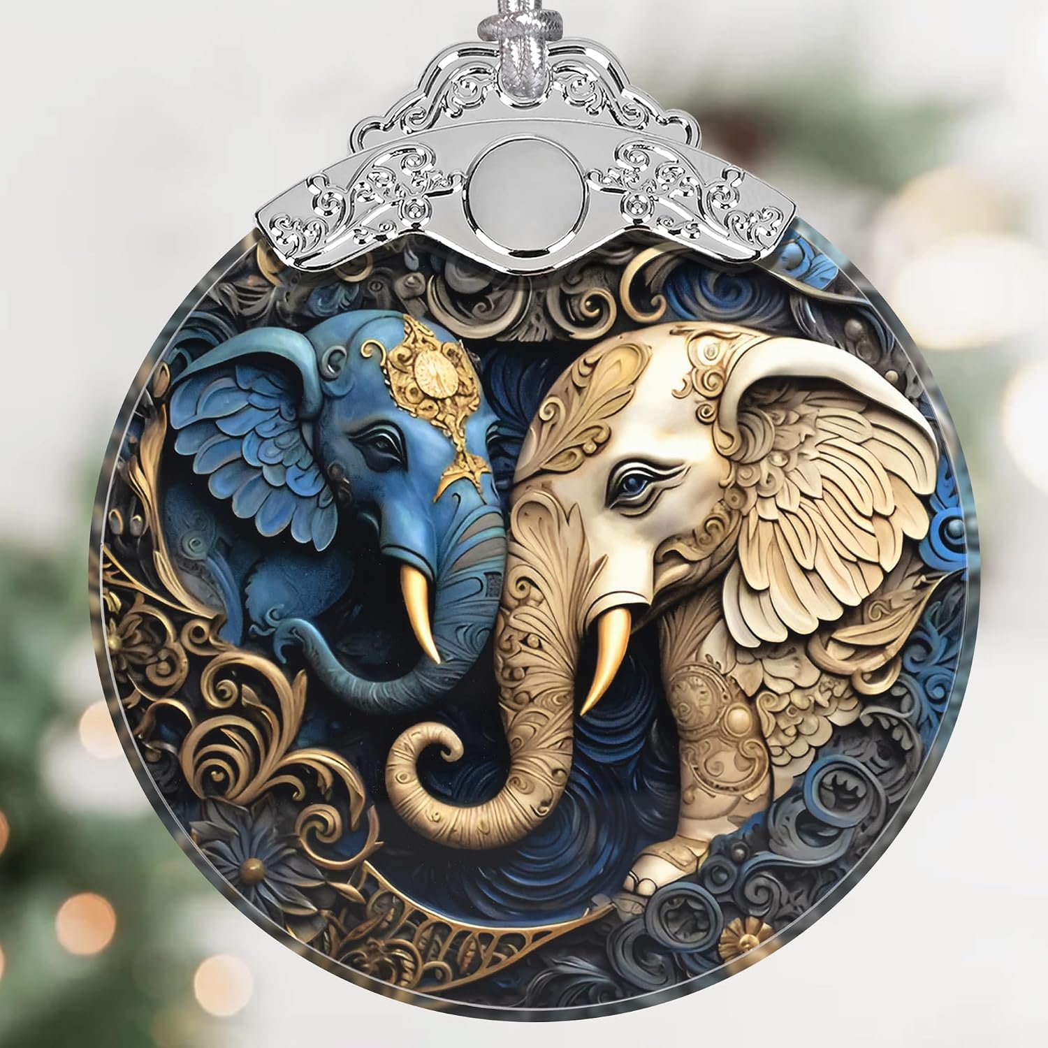 touber-elephant-stained-glass-christmas-ornament-holiday-tree-home-decor-01 A close-up of a Touber elephant stained glass Christmas ornament hanging from a tree branch, showcasing its vibrant colors.