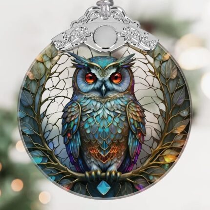 A close-up of a Touber stained glass owl Christmas ornament with intricate details and vibrant colors, hanging by a ribbon.