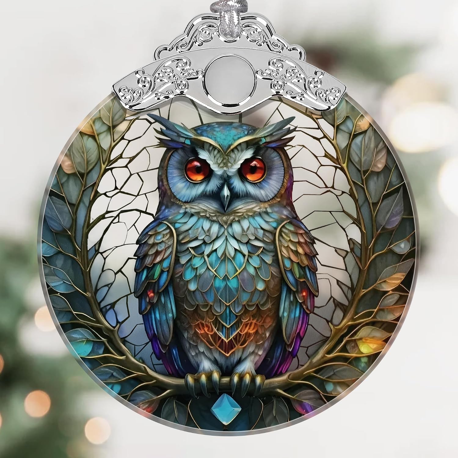 touber-owl-stained-glass-christmas-ornament-hanging-tree-decoration-01 A close-up of a Touber stained glass owl Christmas ornament with intricate details and vibrant colors, hanging by a ribbon.