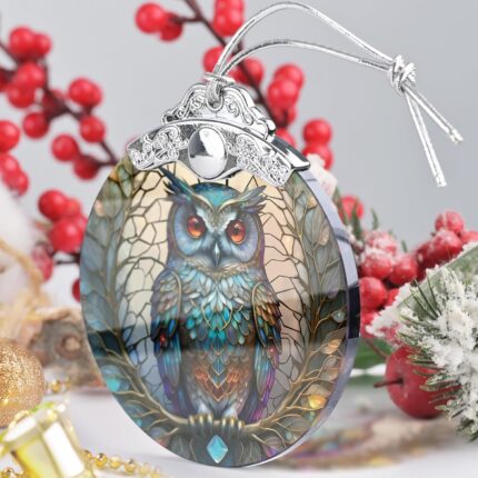 A close-up of a Touber stained glass owl Christmas ornament with intricate details and vibrant colors, hanging by a ribbon.