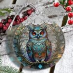 A close-up of a Touber stained glass owl Christmas ornament with intricate details and vibrant colors, hanging by a ribbon.