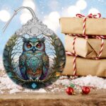 A close-up of a Touber stained glass owl Christmas ornament with intricate details and vibrant colors, hanging by a ribbon.