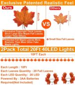 Two strands of TURNMEON fall garlands, each with 40 enlarged orange and yellow maple leaves and warm white LED lights, draped