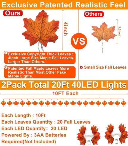 Two strands of TURNMEON fall garlands, each with 40 enlarged orange and yellow maple leaves and warm white LED lights, draped