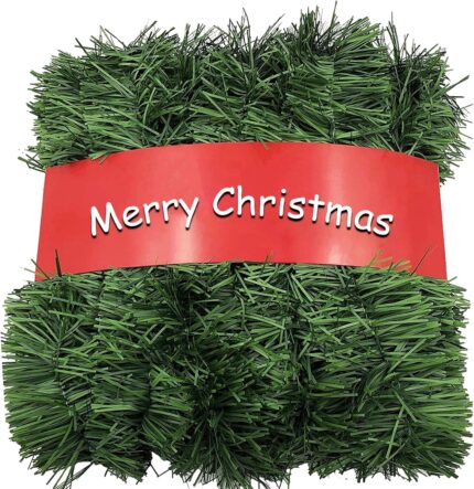 Two rolls of Wewymewo 50-foot green artificial Christmas garlands with bendable wire, suitable for indoor and outdoor holiday